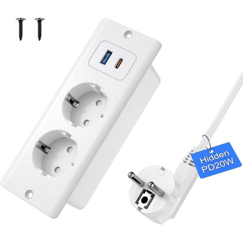 Prise Encastrée Avec Usb-C 20 W, 2 Prises De Bureau Avec Usb-A Et Type-C, 4 En 1 De Bureau, 3 Prises Escamotables Avec Rallonge De 1,8 M, Multiprise Encastrée Pour Bureau, Blanc