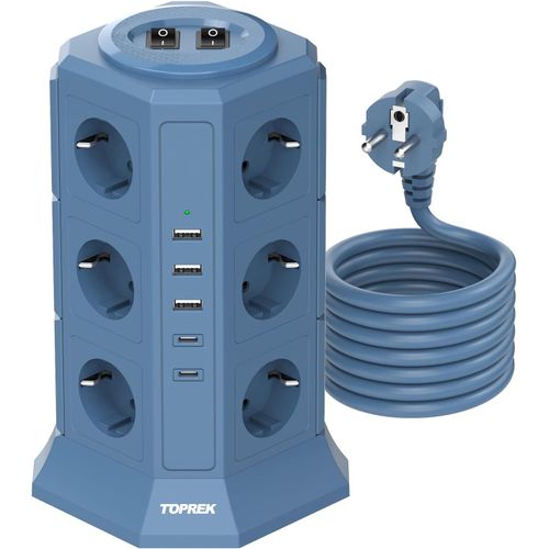 Multiprise Avec 2 Interrupteur, 12 Prises Multiprise Electrique Avec 3 Usb A & 2 Usb C, 4000W/16A, Parafoudre Et 2M Câble La Maison Et Au Bureau (Bleu)