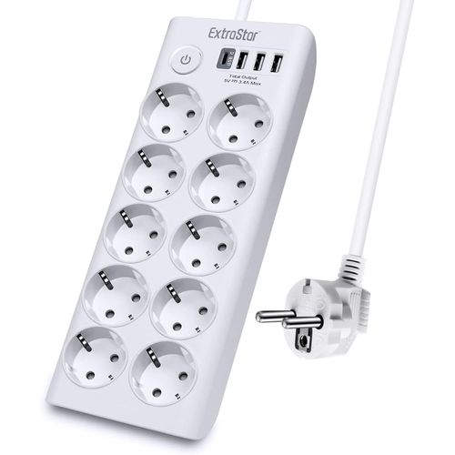 Multiprise 14 En 1 Avec 10 Prises Et 3 Ports Usb, 1 Usb-C, 1 Interrupteur, Avec Protection De L'Enfance, 1,5 M, Pour Maison Et Bureau, Max 3680 W, 16 A, Blanc