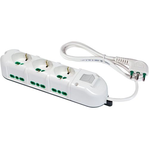 481223-B Multiprise Électrique 9 Places Avec 3 Prises Universelles Et 6 Prises Bivalentes Italiennes Latérales Multiprise 16 A Câble 3 M Couleur Blanche