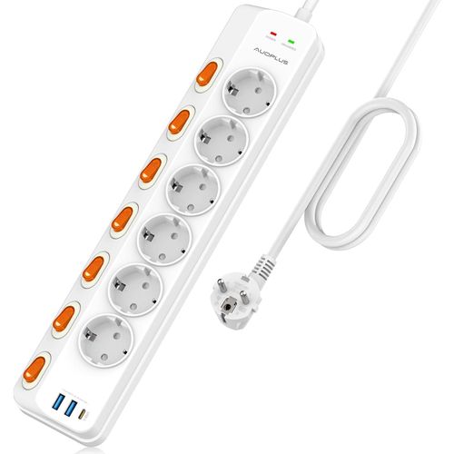 Surge Arrester Power Strip With 6 Outlets And 20W Pd, 1 Type-C Port And 2 Usb-A Ports, Usb Power Strip With 7 Individual Switches, 3680W/16A Power Strip 1050J, 3M Cord For Home Office
