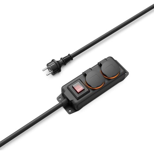 Multiprise Etanche 2 Prises 16A Avec Interrupteur (Multiprise Extérieur Rallonge 2M, Bloc 2 Prises Étanches Ip44 Avec Couvercle, Type F Schuko, 3680W, Idéal Jardin Garage Atelier Chantier) Noir