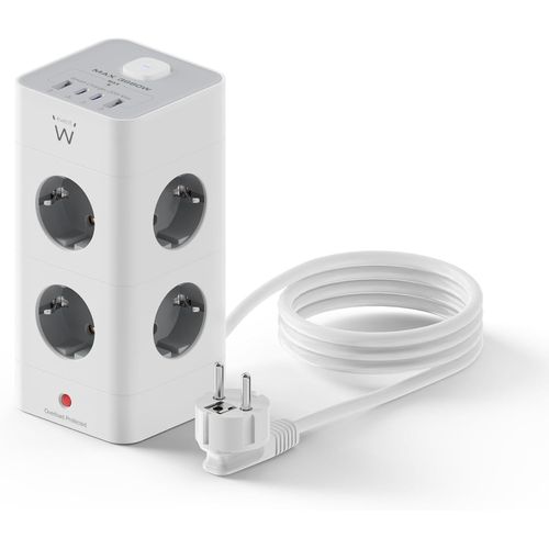 Tour Multiprise 12-En-1(3680W),Parafoudre Et Surtension, Multiprise Electrique Avec 2 Ports Usb Et 2 Usb-C Et 8 Prises, Avec Interrupteur,Câble De 2M,Convient Pour Maison,Bureau,Blanc/Gris