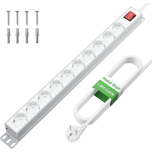 Multiprise Electrique Parasurtenseur Parafoudre 10 Prises, Bloc Multiprise Avec Interrupteur, Aluminium, Cordon De 1,8M Pour Maison, Bureau, Montage Murale, 3680W/16A