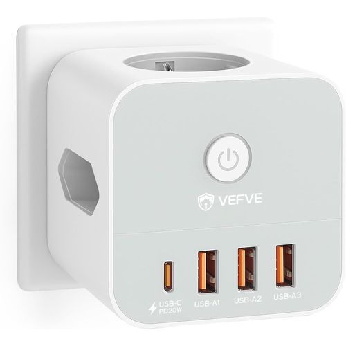 Multiprise Murale Usb C Pd 20W - Prise Secteur Usb, Cube Multi Prise 7-En-1 Avec Interrupteur, 1 Port Usb-C, 3 Ports Usb-A Et 3 Prises 3680W - Idéale Pour Maison Et Bureau
