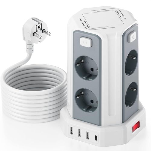 Tour Multiprise Avec Interrupteur, Multiprise Parafoudre Et Surtension Avec 8 Sortie Ac Et 4 Ports Usb(Max 5V/3.4A) Prise Multiple Rallonge Electrique 5M Convient Pour Maison, Bureau, Blanc