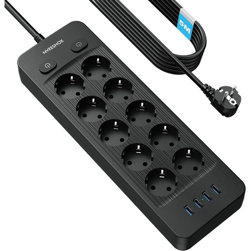 Multiprise Electrique (16A/4000W), Multiprise 10 Prises Avec 4 Ports Usb, Bloc Multiprise Parafoudre Et Surtension Avec Interrupteur, Câble 5Mpour Maison Bureau,Noir
