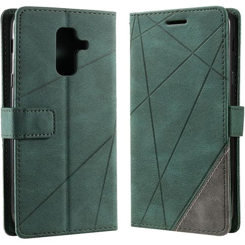 Kal-Coque Pour Samsung Galaxy A6 Plus 2018, Rabat Portefeuille De Protection Cuir Pu Etui, Slim Silicone Tpu Bumper Magnétique Housse, Flip Porte Cartes Avec Fonction Support Cover Case (Vert)