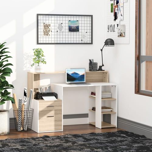 Bureau Informatique Multimédia Multi-Rangements Aspect Chêne Blanc