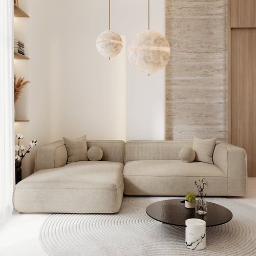 Canapé D'angle Gauche 5 Places En Tissu Tramé Beige