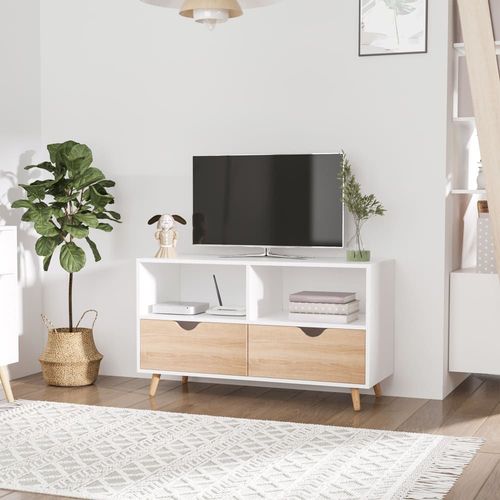 Meuble Tv Style Scandinave 2 Tiroirs Aspect Chêne Clair Blanc