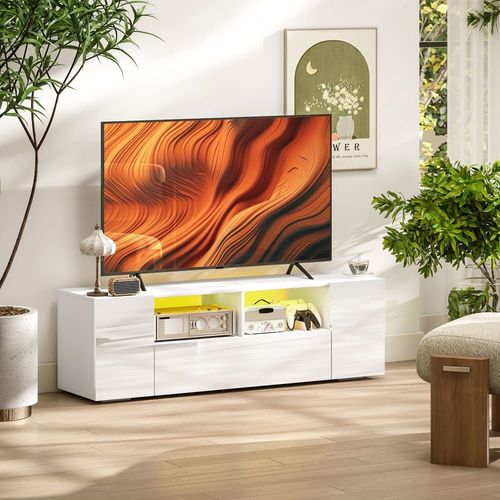 Meuble Tv Banc Tv Led 2 Étagères Placards Blanc Laqué