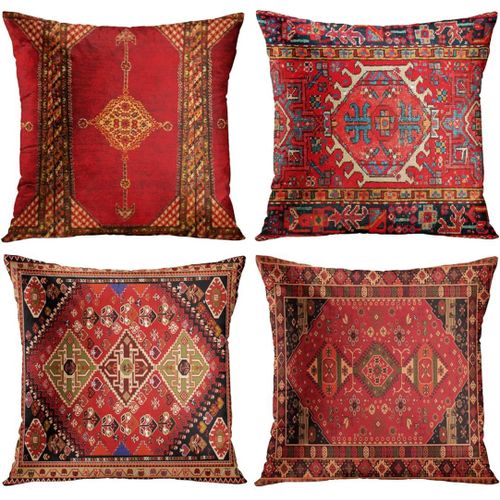 Lot De 4 Housses De Coussin Géométriques Persans Kilim - Décoration D'intérieur - Ikat Oriental - 45,7 X 45,7 Cm - Taies D'oreiller Pour Canapé - Coloré Rouge Tribal