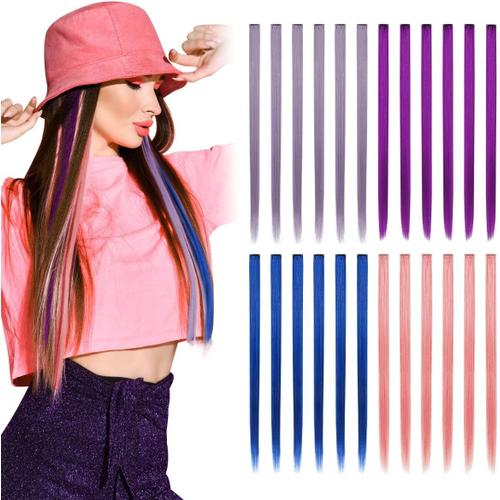 Extensions De Cheveux Raides Pour Femmes, Extensions Colorées À Clip Pour Filles, 24 Pièces En 4 Couleurs. Multicolore