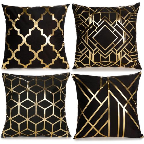 (Noir/Or) Set De 4 Housses De Coussin (Sans Coussin), Géométrique Moderne Avec Fermeture Éclair Invisible, Set Cousin Déco Maison, Salon Chambre À Coucher Canapé, Chaise, Lit De Jardin 45x45 Cm