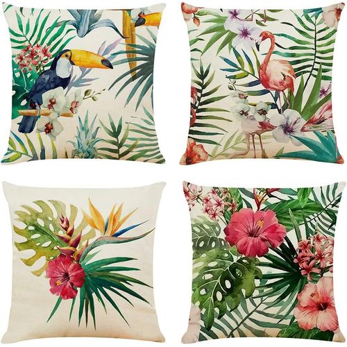 Lot De 4 Housses De Coussin 45x45 Vert Lin Coussins De Canapé Décoratifs Coussins Tropicaux Modernes Housses De Coussin Décoratives(Oreiller Non Inclus)
