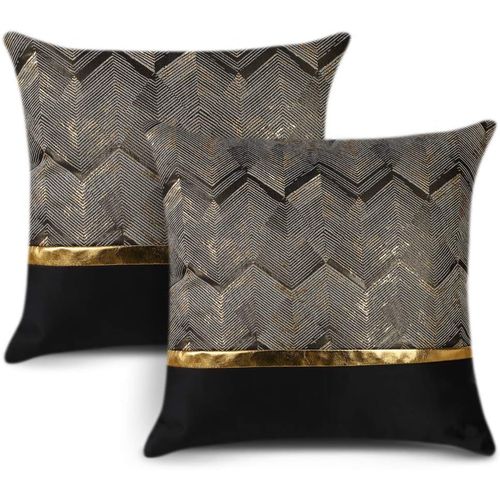 45 X 45 Cm (Noir). Lot De 2 Housses De Coussin, Sans Coussin, Pour Lit, Canapé, Voiture, Ameublement De Luxe Minimaliste Et Moderne, Cuir Doré, Surpiqûres Et Rayures Ondulées.
