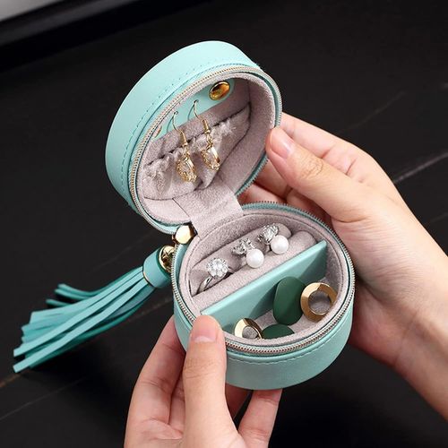 Vert - 1 Pièce Portable Boîte À Bijoux De Voyage Ronde En Cuir Mini Organisateur De Bijoux Organisateur De Voyage Avec Fermeture À Glissière Boucles D'oreilles Collier Bracelet Présentoir