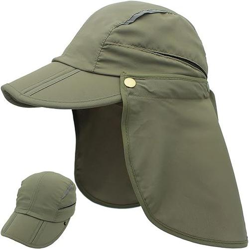 Vert Militaire - 1 X Chapeau Avec Protège-Cou - Détachable - Polyvalent - Protection Solaire - Respirant - Séchage Rapide - Protection Uv