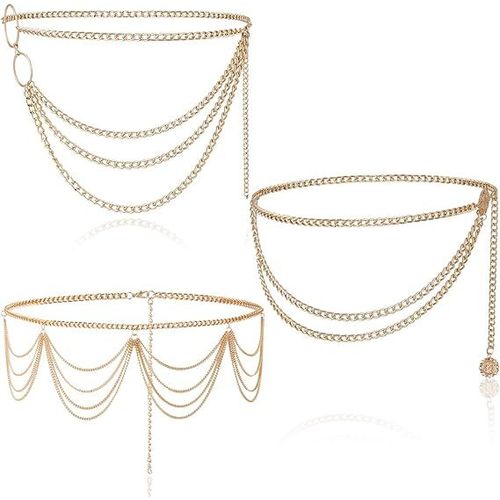 Or - Lot De 3 Chaînes De Taille Pour Le Ventre Multicouches, Chaînes De Taille À La Mode Pour Femmes, Vintage, Métal Creux, Fermoir Ajustable, Chaînes De Taille Pour Jupes Longues, Chaînes Pour Le Cor