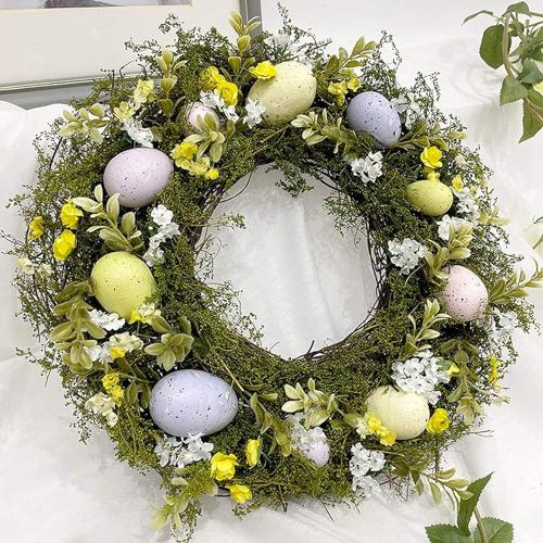 (Vert) Couronne d'oeufs de Pâques de 39,7 cm pour Pâques, vacances, fêtes, décorations murales Couronne de printemps en rotin avec des fleurs mixtes, des branches et des oeufs roses.