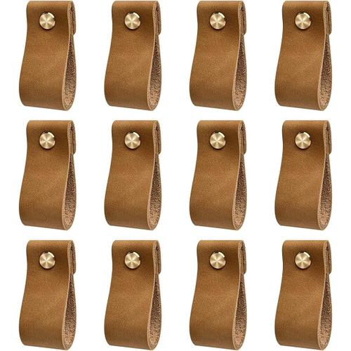 Poignées En Cuir Pour Meubles, 12pcs Poignee Meuble, Poignee De Porte Pour Armoire Bouton Placard Garde-Robe, Anti-Collision, Poignée De Porte En Cuisine,Chambre, Comprend Écrous Vis, Marron