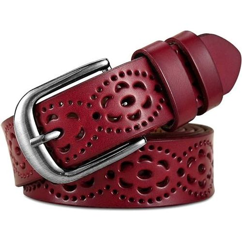 Ceinture En Cuir Vintage Pour Femme Avec Découpe Florale Et Boucle En Alliage De Jean, Rouge Marron