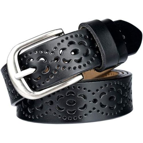 Ceinture En Cuir Vintage Pour Femme Avec Découpe Florale Et Boucle En Alliage De Jean, Noir