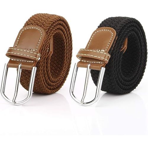 Lot De 2 Ceinture Femme Tressée Extensible Toile Sangle Homme Elastiques Ceinture Pour Jeans Robe Pantalons?Noir Et Marron