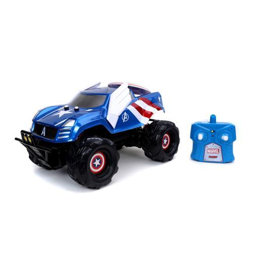 Jada Toys Marvel 253228001 Captain America Attack Voiture Télécommandée Avec Turbo Charge Usb 3 6 M S Distance De Contrôle 25 M Échelle 1 14 Bleu