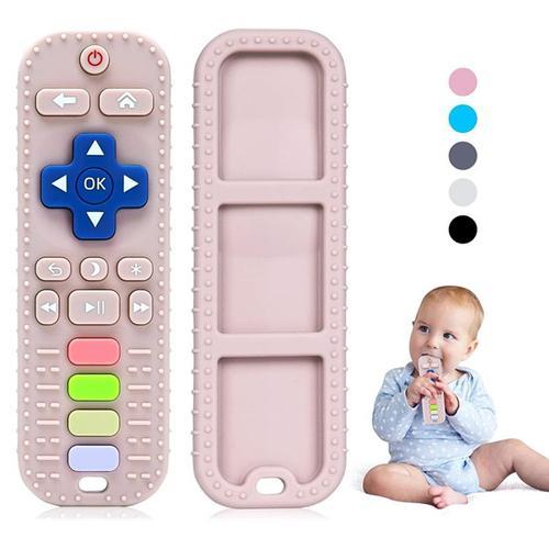 Anneau Dentition Bebe Silicone,Telecommande Jouet Dentition Bébé avec Attache-sucette,Jouets à Mâcher pour Bébés,Ensemble Anneau de Dentition Doux sans BPA pour 0-12 Mois Bébés (Rose Clair)