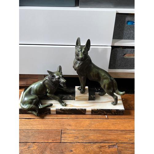 Louis Carvin couple de chiens art déco en bronze sur socle marbre 