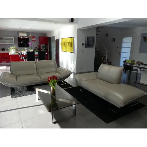 Superbes Canape + Meridienne Design Cuir Gris Parfait Etat