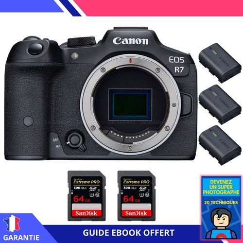 Canon EOS R7 + 2 SanDisk 64GB Extreme PRO UHS-II SDXC 300 MB/s + 3 Canon LP-E6NH + Ebook 'Devenez Un Super Photographe' - Hybride Canon