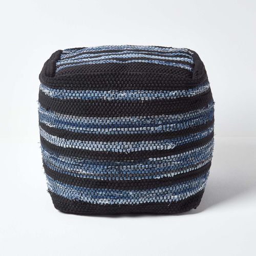Pouf Carré En Cuir Et Denim Bleu- 40 Cm - Texas
