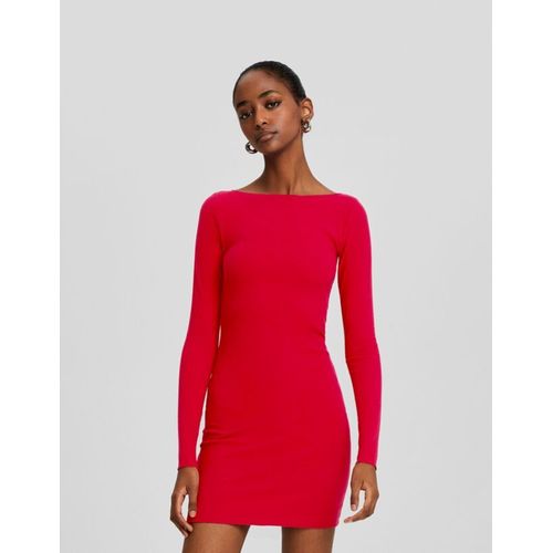  Mini-Robe Maille Manches Longues Col Bateau Bord-Côte Femme Xs Rouge