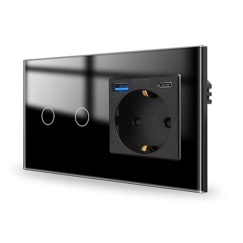 CHECARZHN--NO1-Interrupteur Tactile Avec Pr De Courant 20 W - Charge Rapide - Noir Avec Ports Usb (Usb A Et Type C) 2 Compartiments 1 Voie - Panneau En Verre Et Interrupteur Mural Led D'État - Pas De