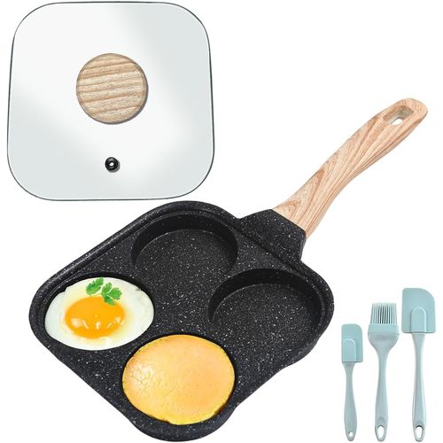 KALANKA-Poêle à ?ufs au plat anti-adhésive à 4 trous couvercle, pinceau à huile en silicone et 2 spatules, poêle à ?ufs manche en bois cuisinière à gaz (noire, 37 cm x 19 x 2,7 cm) XPG9874