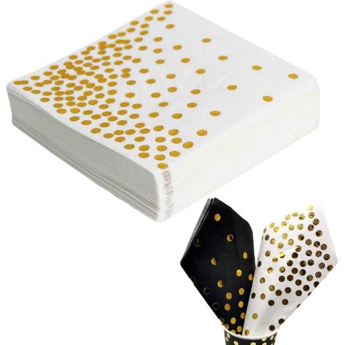 Kalanka-- Lot De 50 Serviettes De Table À Pois Blancs Et Dorés - 33 X 33 Cm - Serviettes De Cocktail Et De Dîner - Blanc Et Doré