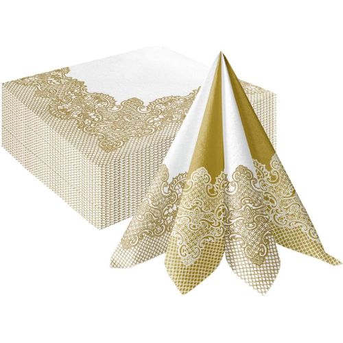 Kalanka-Paw - Serviette De Table Papier - Airlaid (40 X 40 Cm) I 50 Pièces I Idéal Pour Mariage, Baptême, Communion, Anniversaire I Décoration De Table Avec Motif Au Dos I Reverse Royal Lace Or-Blanc