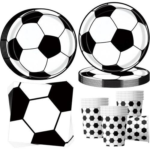 Kalanka-Vaisselle De Fête De Football Pour 16 Invités - Assiettes En Carton Noir Et Blanc - Décoration D'anniversaire - Assiettes En Carton - Serviettes De Table Pour Fille Et Garçon - Fête À Thème -