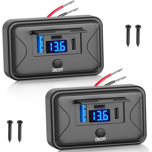 Lot De 2 Prise Usb C 12 V Pour Camping-Car Dual 36 W Pd Et Qc 18 W Usb Multi Port Chargeur Prises Charge Rapide Avec Interrupteur Voltmètre Pour 12 V/24 V Bateaux,Moto,Camions,Golf