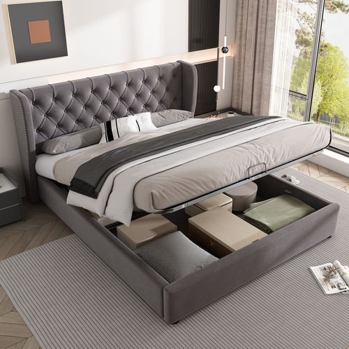 Aetheriszypher-Polsterbett Ohrenform Samtstoff Groe Knopfnahte Doppelbett 140*200, Hydraulisches Funktionsbett Mit Lattenrost Und Stauraum, Bettkasten Mit Schmutzabweisendem Samtstoff Bezogen, Beige
