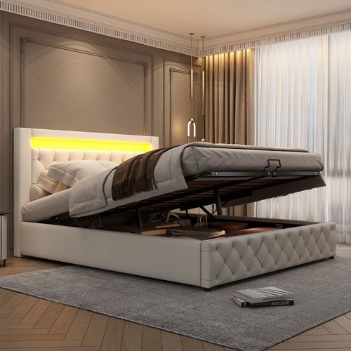 Aetheriszypher-Polsterbett 180 X 200 Cm Funktionsbett Mit Lattenrost Und Stauraum, Led-Beleuchtung, Mit Funktion Von Aufbewahrung, Wei,Pu