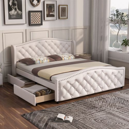 Aetheriszypher-Polsterbett 160 X 200 Cm - Bett Mit Lattenrost, 2 Schubladen Und Kopfteil Mit Zugpunktnieten Holz & Kunstleder - Wei Jugendbett Gastebett