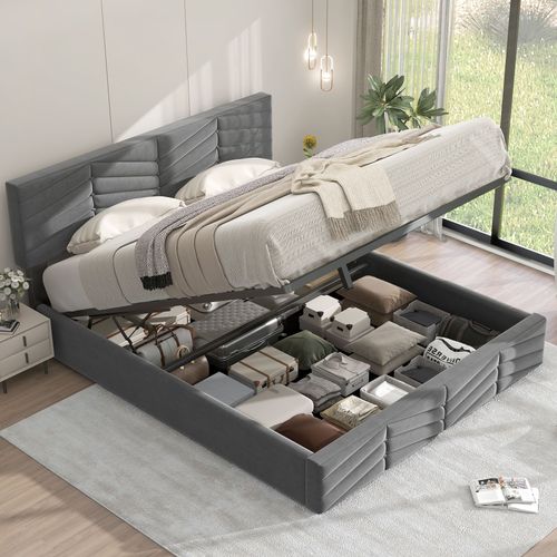 AETHERISZYPHER-polsterbett,doppelbett,hydraulisches funktionsbett,samt,streifen-stil,continentalbett,hohenverstellbares kopfteil,140 x 200,grau
