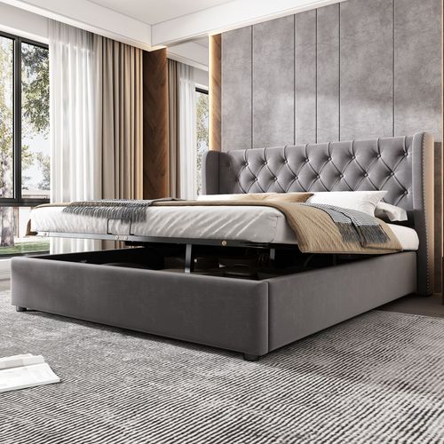 Aetheriszypher-Polsterbett Ohrenform Samtstoff Groe Knopfnahte Doppelbett 180*200, Hydraulisches Funktionsbett Mit Lattenrost Und Stauraum, Bettunterseite Ist Mit Einem Schmutzabweisenden Schwarzen Vliesstoff, Grau