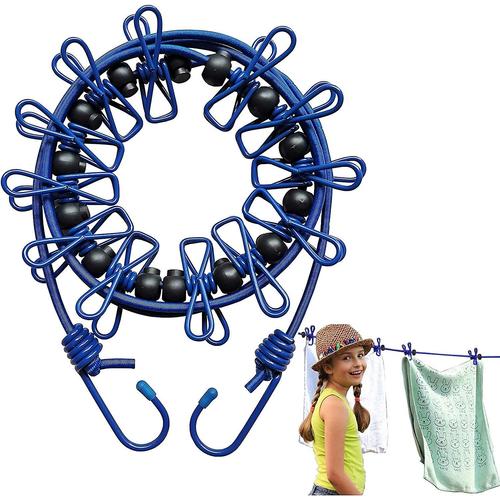 Corde à linge portable avec 12 pinces à linge, corde à linge de voyage coupe-vent, corde à linge élastique rétractable extensible avec sac à cordon bleu