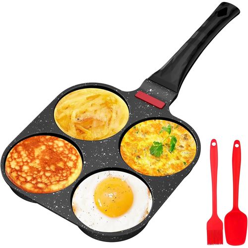 KALANKA-poele a pancakes, antiadhésive en aluminium pour poêle à pancake à 4 trous, appareil pancake avec Brosse à Huile de Silicone, pour petit-déjeuner oeuf, pour Cuisinière à Gaz (Noir)