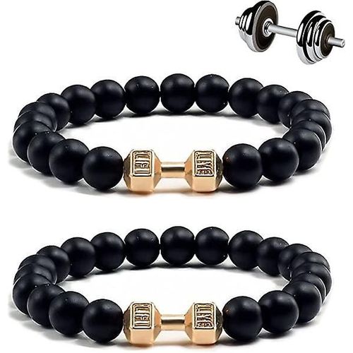 Traintough Bracelet D'haltères, Bracelet De Perles D'anxiété De Roche Volcanique Ensemble De Pierre De Lave Volcanique Noire Naturelle Cadeaux Pour Hommes Femmes Haltères En Pierre Volcanique Doré